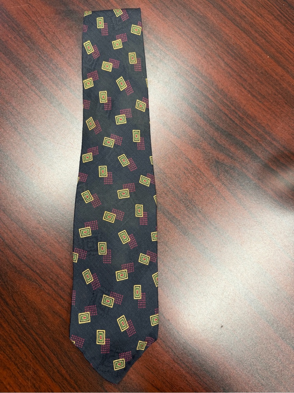 Abercrombie & Fitch Black Silk Tie with Yellow and Purple Geometric Motifs